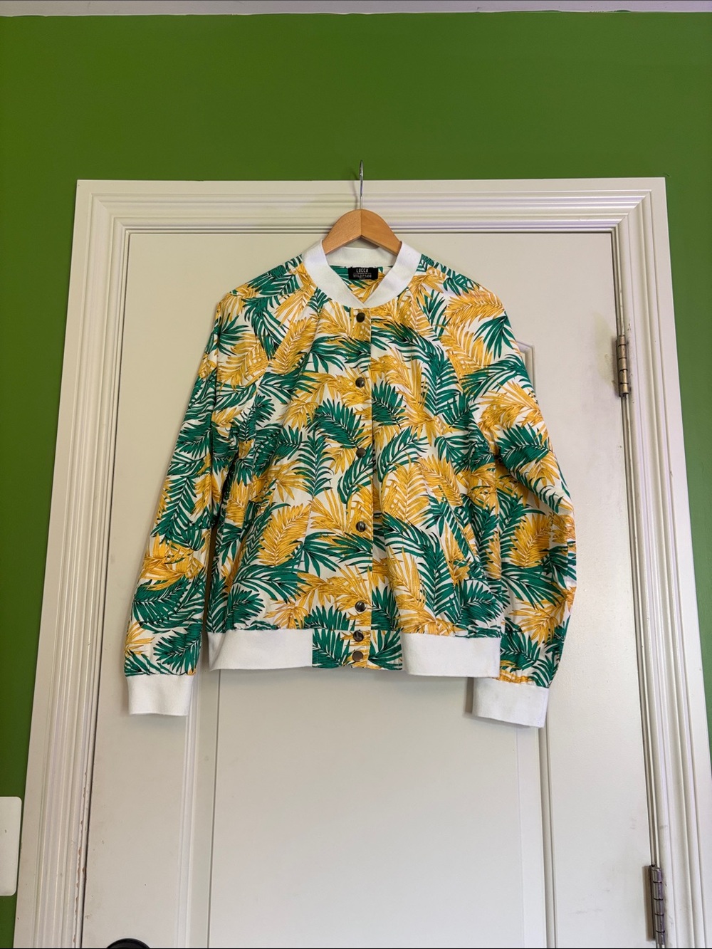 Wildfang Lucia Tropical Print Bomber Jacket - Yellow & Green. XL